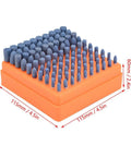 100 Piece Workhorse Polishing Stone Head Set For Grinder Burr Bits With 3mm Shank Heavy Duty on orange base, dimensions shown
