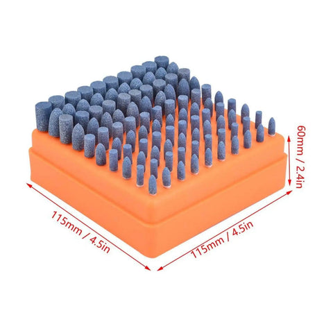 100 Piece Workhorse Polishing Stone Head Set For Grinder Burr Bits With 3mm Shank Heavy Duty on orange base, dimensions shown