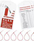50 Pack Fire Extinguisher Tags With Adjustable Wire Ties 4 Point 2 By 2 Point 1 Inches Waterproof For Monthly Inspections shown with red ties.