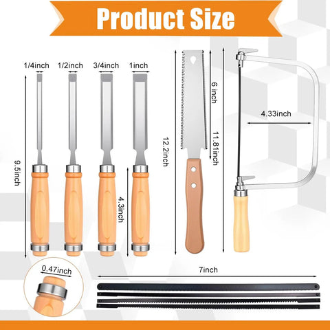 Woodworking Tools Starter Kit For DIYers And Beginners with bevel edge chisels, 6-inch blade, and coping saw for wood joinery.
