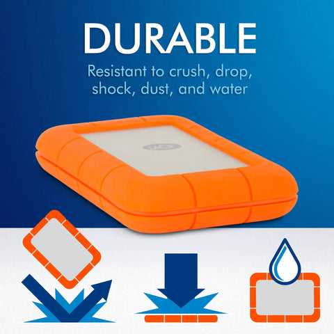Rugged USB C 4TB Portable External Drive With Drop, Shock, Dust And Rain Resistance For Mac And PC, orange case, durability icons