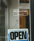 Clear No Soliciting Sign 3x7 Inch For Front Door And Window Waterproof UV Proof Vinyl Decal on glass door with open sign