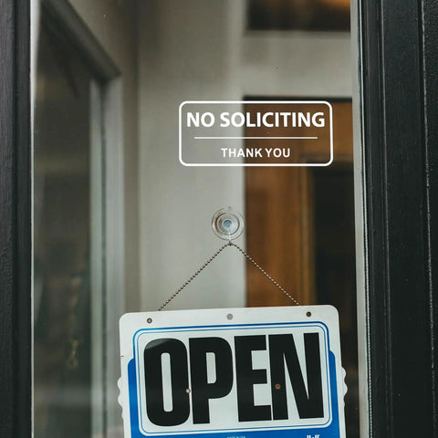 Clear No Soliciting Sign 3x7 Inch For Front Door And Window Waterproof UV Proof Vinyl Decal on glass door with open sign