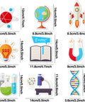Science Bulletin Board Decorations Pack 45 Piece Set With 9 Styles Colorful Lab Cut Outs for Classroom Decor showcasing various scientific icons.