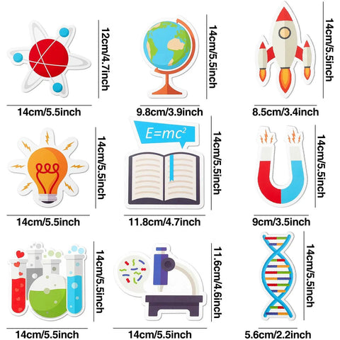 Science Bulletin Board Decorations Pack 45 Piece Set With 9 Styles Colorful Lab Cut Outs for Classroom Decor showcasing various scientific icons.