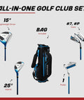 X-Lite Junior Golf Club Set For Kids Right Handed With Driver Hybrid 7 Iron Putter Stand Bag And Headcovers In Blue For Ages 6 To 8