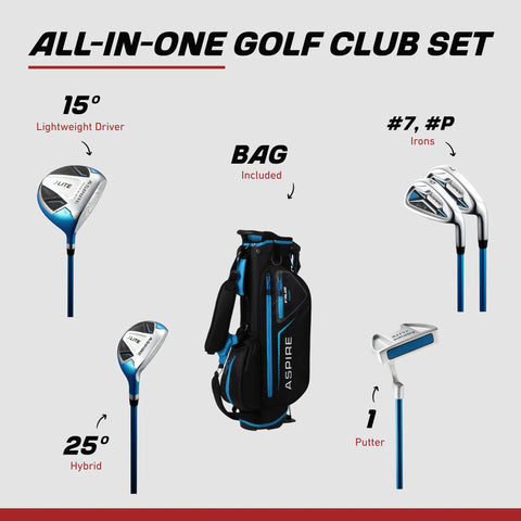 X-Lite Junior Golf Club Set For Kids Right Handed With Driver Hybrid 7 Iron Putter Stand Bag And Headcovers In Blue For Ages 6 To 8