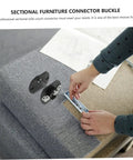 Dead Simple Sectional Sofa Connectors Pin Style Furniture Buckles shown during installation on a gray couch.