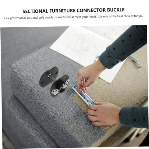 Dead Simple Sectional Sofa Connectors Pin Style Furniture Buckles shown during installation on a gray couch.