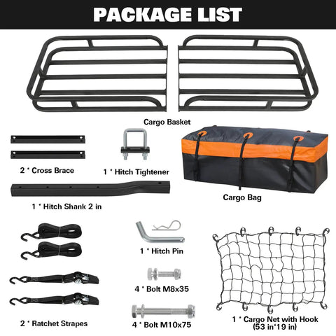 53 Inches by 19 Inches Hitch Cargo Carrier Basket With 500 Lb Capacity, component parts, hitch stabilizer, waterproof bag, net