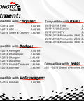 Fitment chart for 3.6L V6 engines, compatible with Chrysler, Ram, Dodge, Jeep, and Volkswagen vehicles