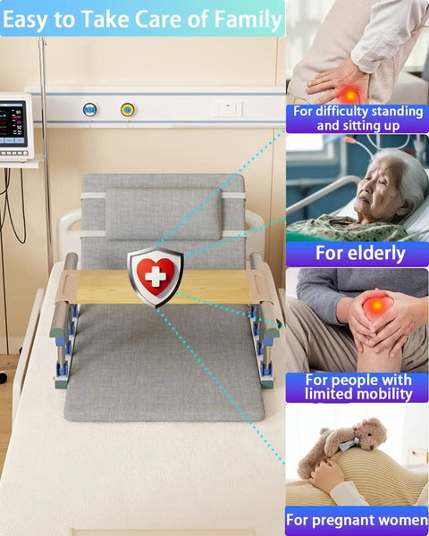 The Ultimate Electric Bed Lift Assist For Seniors To Get Up Easy With Silent Motor, Adjustable 2 Degrees To 80 Degrees, Max Load 330 Pounds, Extra Long 75 Inch Frame With Safety Guardrails For Total Comfort in a bedroom setting.