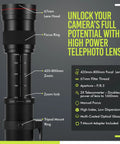 Image of High Power 420 To 1600mm F8.3 HD Manual Telephoto Zoom Lens For EOS Cameras displaying features and specifications.