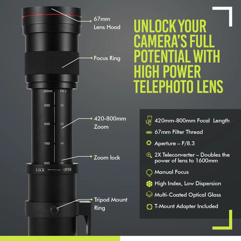 Image of High Power 420 To 1600mm F8.3 HD Manual Telephoto Zoom Lens For EOS Cameras displaying features and specifications.