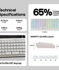 Solid 65 Percent Ortholinear Mechanical Keyboard With Via Custom Programming And Tri Mode Wireless Setup For Fast Finger Typing and Built Different Performance On Your Dope Gaming Battlestation technical specifications visual