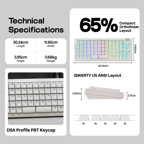 Solid 65 Percent Ortholinear Mechanical Keyboard With Via Custom Programming And Tri Mode Wireless Setup For Fast Finger Typing and Built Different Performance On Your Dope Gaming Battlestation technical specifications visual