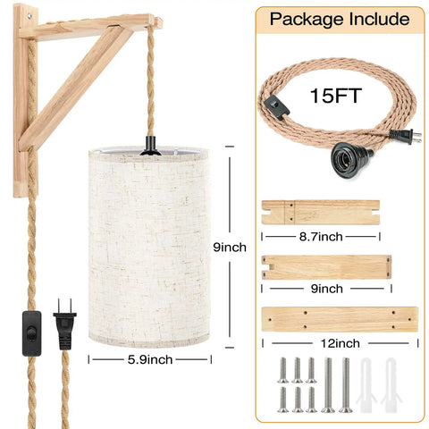 Hemp Rope Plug In Wall Lights Set Of Two With Wood Shelf Brackets Farmhouse Pendant Sconces and included 15 ft cord and hardware