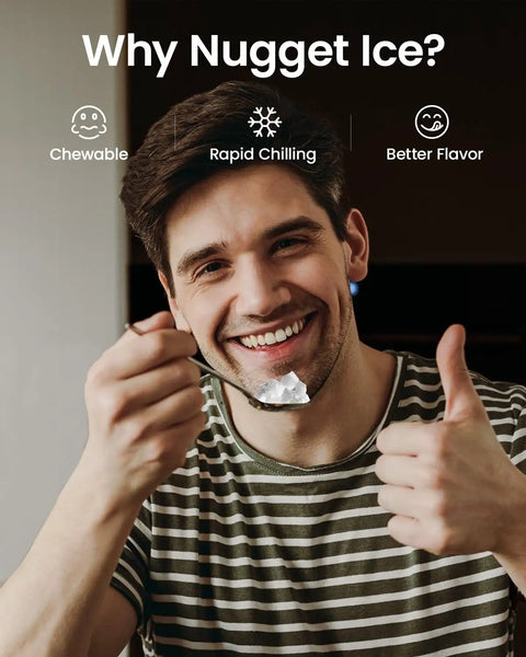 Man enjoying nugget ice showing thumb up, benefits of Portable Sonic Pebble Ice Maker: chewable, rapid chilling, better flavor.