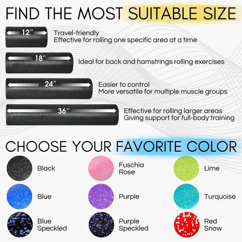 Size and color options for high density EPP foam back roller, including 36 inch in fuchsia rose for yoga and Pilates