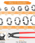 Hose clamp set: 120 stainless steel single-ear clamps in 11 sizes (6–33.1 mm) with red-handled ear clamp pliers.