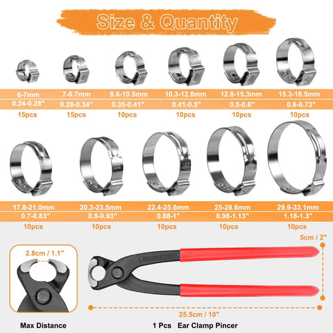 Hose clamp set: 120 stainless steel single-ear clamps in 11 sizes (6–33.1 mm) with red-handled ear clamp pliers.