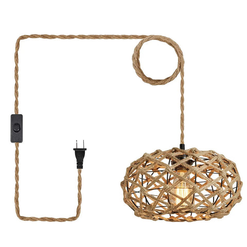 Plug In Boho Pendant Light With Hemp Rope Cord 15.1 Feet Long, Woven Rattan Cage Hanging Lamp, On Off Switch, Retro Coastal Wicker Style