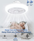 Enclosed 18 Inch Ceiling Fan With Lights Remote shown in a bedroom setting, highlighting quiet operation with sleeping family below