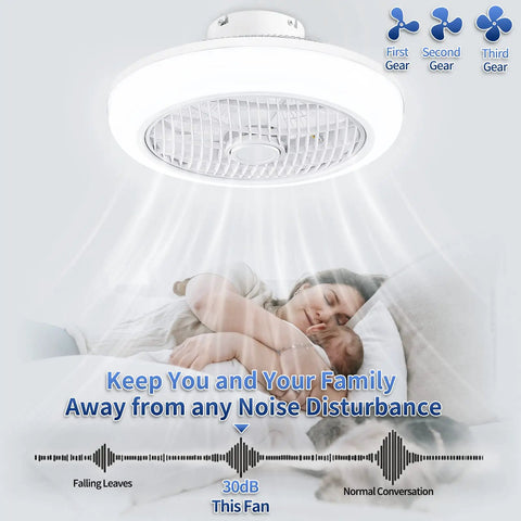 Enclosed 18 Inch Ceiling Fan With Lights Remote shown in a bedroom setting, highlighting quiet operation with sleeping family below