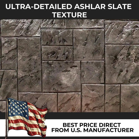 Slate Texture Concrete Stamps 24x24 Inches Pro Grade Durable Polyurethane Rigid Mats For Patios Driveways Walkways And DIY Projects Realistic Ashlar Stone Look Made In USA, close-up view of ashlar stone pattern.