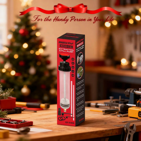 Front view of SEDY 500cc fluid extractor packaging; red and black box with syringe illustration.
