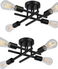 Dope Black Semi Flush Mount Ceiling Light Fixture 2 Pack Modern 4 Light Sputnik Chandelier For Hallway Kitchen Entry Bedroom Industrial Style Close To Ceiling Lighting With Bold Ambient Glow displaying black iron frame and exposed bulbs