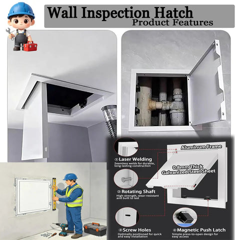 Heavy Duty 12X15 Inch Aluminum Access Panel For Drywall Walls showing inspection hatch with open door revealing plumbing.
