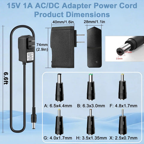 15V 1A AC/DC adapter power cord dimensions with 6.6ft length and interchangeable tips, part of No Fuss Heavy Duty Plug And Play Car Jump Starter Power Cord Replacement Charger Adapter.