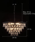 Black 24 Inch Crystal Chandelier With 5 Tier Raindrop Cascades Adjustable Hanging Pendant Light for dining room, lit view