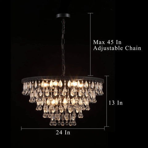 Black 24 Inch Crystal Chandelier With 5 Tier Raindrop Cascades Adjustable Hanging Pendant Light for dining room, lit view