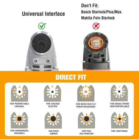 Oscillating tool blades (titanium) with universal interface diagram and direct-fit brand compatibility icons.