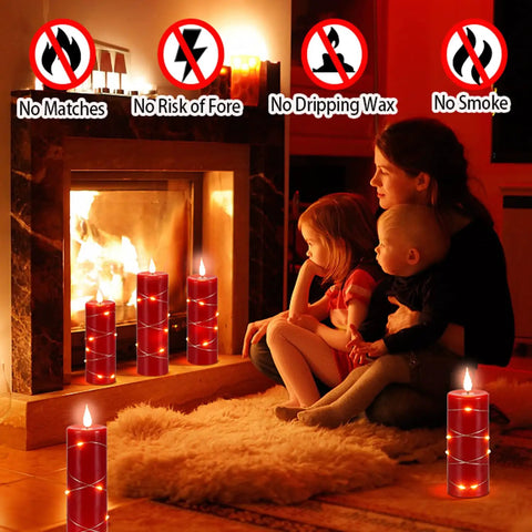 Red Flameless Candle Set With Remote Control Battery Powered LED Candles With String Lights by fireplace, family sitting nearby