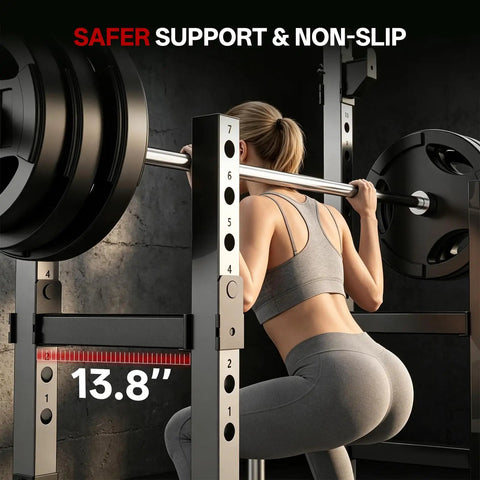 Beefy Adjustable Squat Power Rack With 2400 Lbs Capacity Heavy Duty Alloy Steel Frame For Home Gym in use by athlete