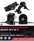 Engine And Transmission Mount Set Of 4 For Chrysler Dodge Ram Minivans Town Country Grand Caravan CV Direct Fit Replacement To Stop Clunking And Vibration Replaces A5665 A5480 A5589 A5577 2011 2020, four black mounts on box