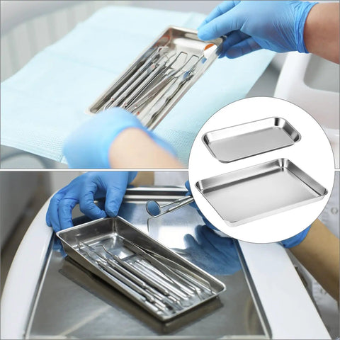 Stainless Steel Tool Organizer Trays Set With One Large Flat-Bottom Tray And Three Small Rust-Resistant Service Trays, shown with tools.