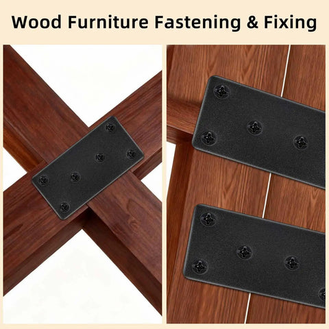 Heavy Duty Matte Black Stainless Steel Mending Plates 4 Pack With Screws on wooden furniture for corner repair and fixing.