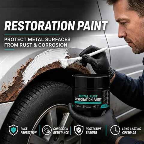 Auto Body Rust Repair Paste Kick Rust To The Curb Heavy Duty Metal Restoration Putty For Wheel Wells And Door Edges Black protective coating applied with brush on rusty wheel arch.