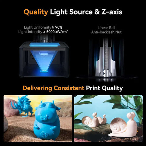 Halot R6 Resin 3D Printer for Kids and Beginners, showcasing quality light source and z-axis with printed blue dragon and white snails.