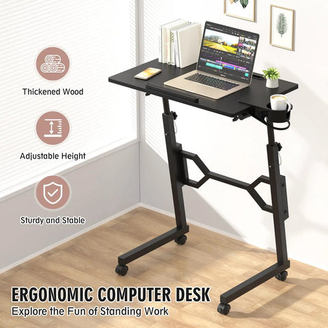 Small Standing Desk On Wheels For Treadmill Workouts, showing adjustable height and thickened wood, suitable for laptops.