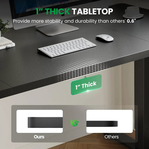 Close-up of Electric Standing Desk Adjustable 60x28 Inch with 1 Inch Thick Top in office setting showing table comparison