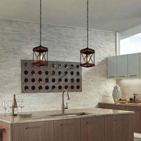 Dope Rustic Farmhouse Pendant Light With Wood And Metal Cage One Light Adjustable Chains Industrial Mini Pendant Ceiling Fixture For Kitchen Island Cafe Bar Black hanging over kitchen island.