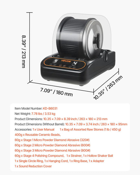 Pro Grade Rock Tumbler Kit 3 lb capacity with four speeds, direct drive motor, TPU drum, sound reduction cover, ultra quiet operation