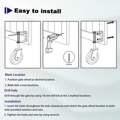 Installation guide for Heavy Duty Gate Wheel 4.3 Inch Spring Loaded For Wood Metal And Fence Gates TPR Rubber And Precision Bearings