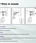 Installation guide for Heavy Duty 4.3 Inch Gate Wheel With Spring Loaded 360 Degree Swivel Rubber Roller for barn gates.