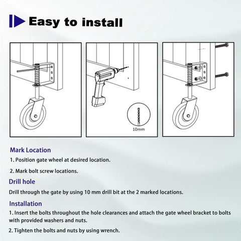 Installation guide for Heavy Duty 4.3 Inch Gate Wheel With Spring Loaded 360 Degree Swivel Rubber Roller for barn gates.